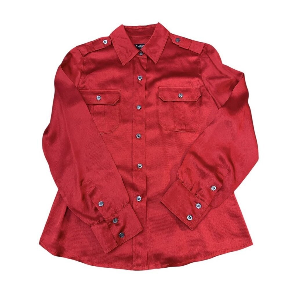 Talbots Petites 100% Silk Blouse Size 4P Red Button Down Holiday Christmas